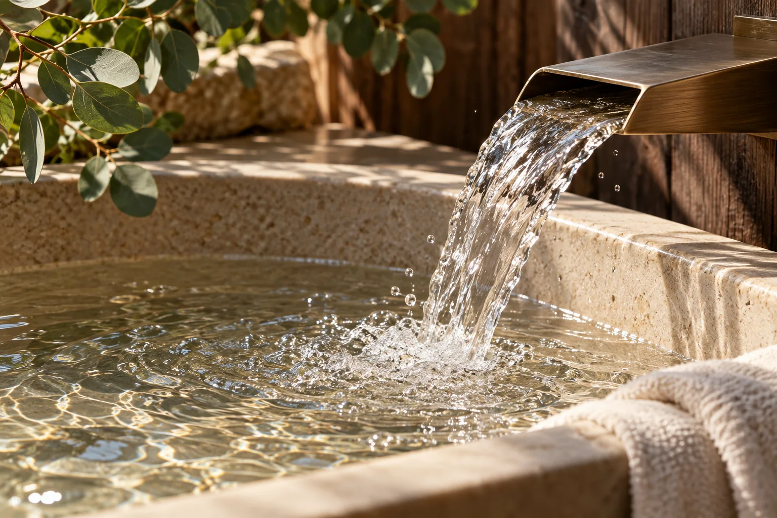 Water flowing from a bronze tap into a stone bath, with a towel and green leaves; AI concept illustration