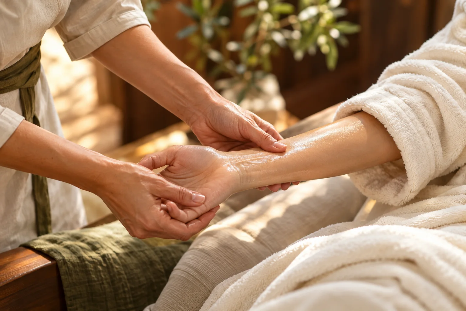 Hands massaging a forearm and wrist; AI concept illustration