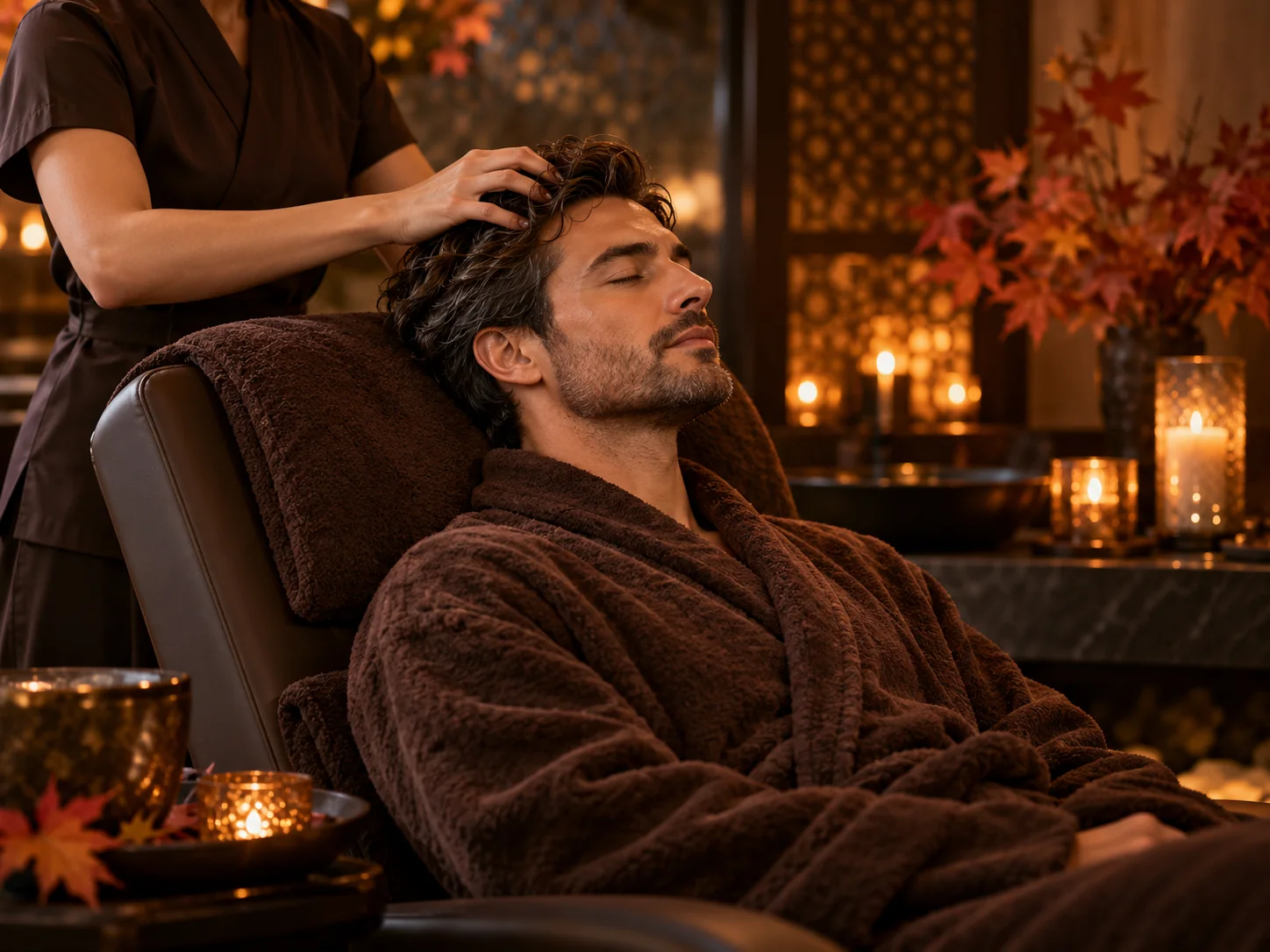 Head massage for a man in warm autumn tones; AI concept illustration