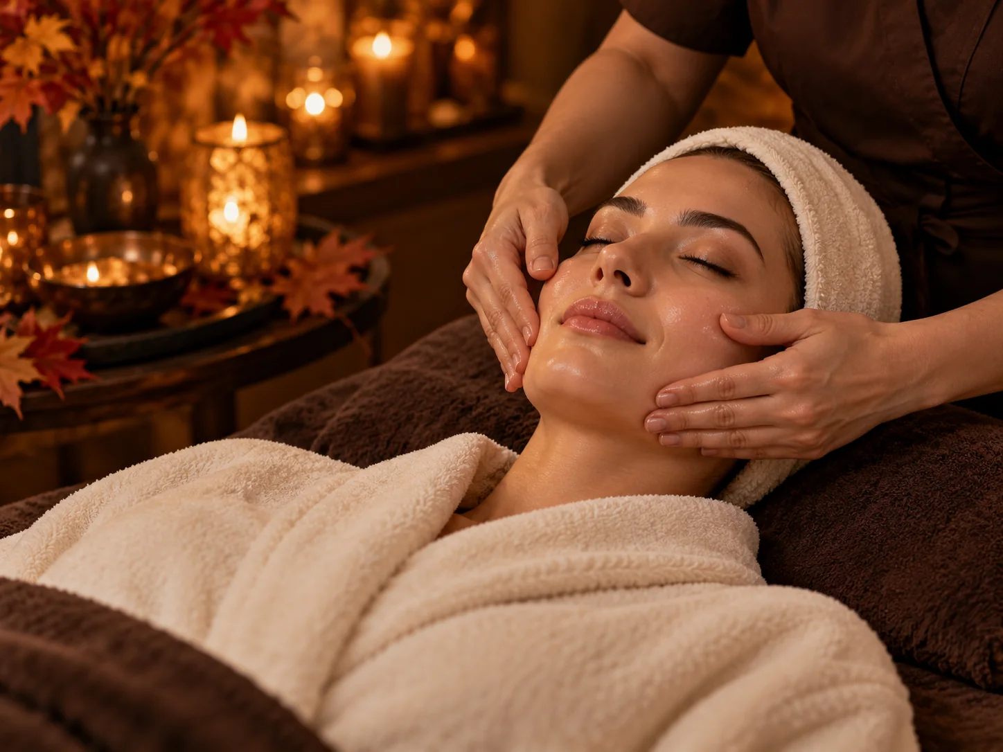 Facial massage in warm autumn tones; AI concept illustration